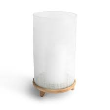 DEMDACO ETCHED GLASS HURRICANE CANDLE HOLDER ON WOODEN STAND
