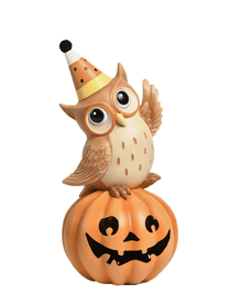 DECEMBER DIAMONDS 14" OWL WITH CANDY CORN ON LED PUMPKIN